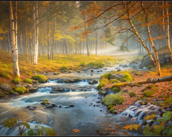 Serene Autumn Landscape with Birch Trees and Stream