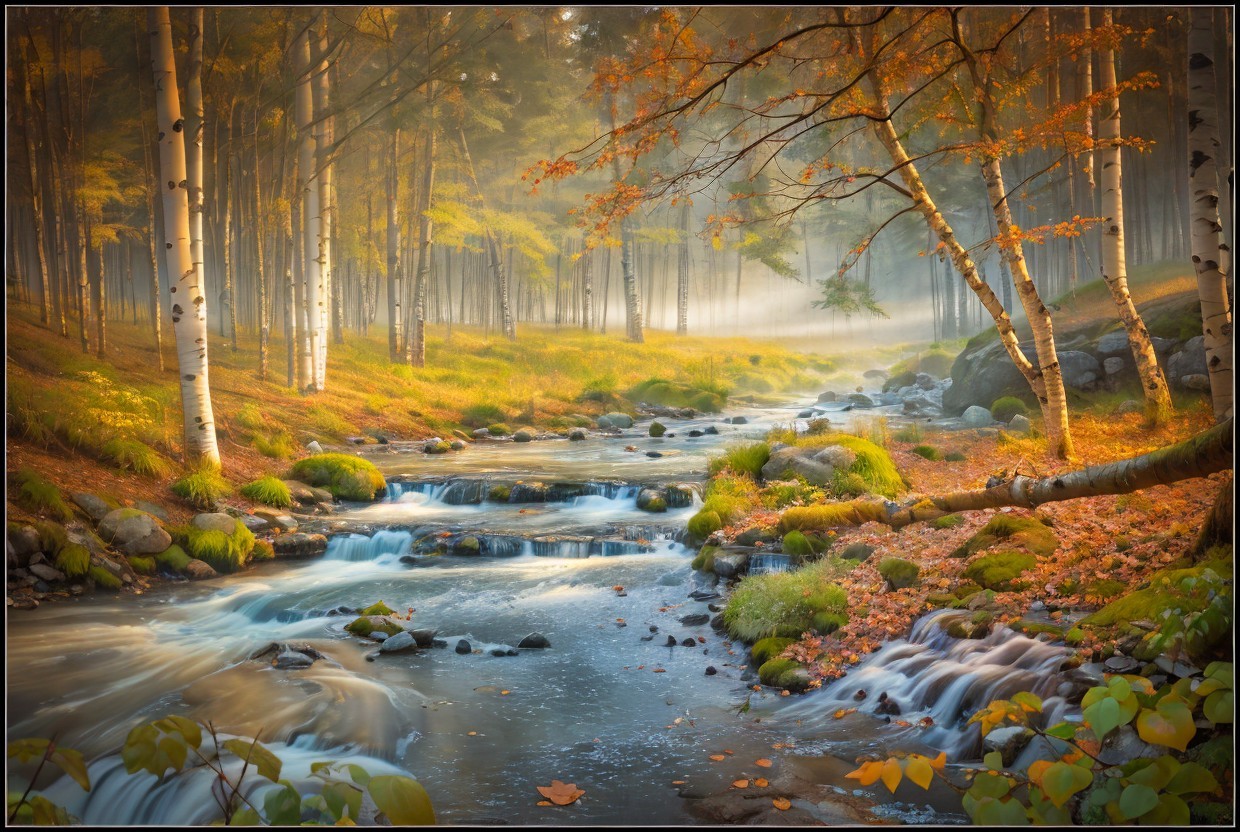 Serene Autumn Landscape with Birch Trees and Stream