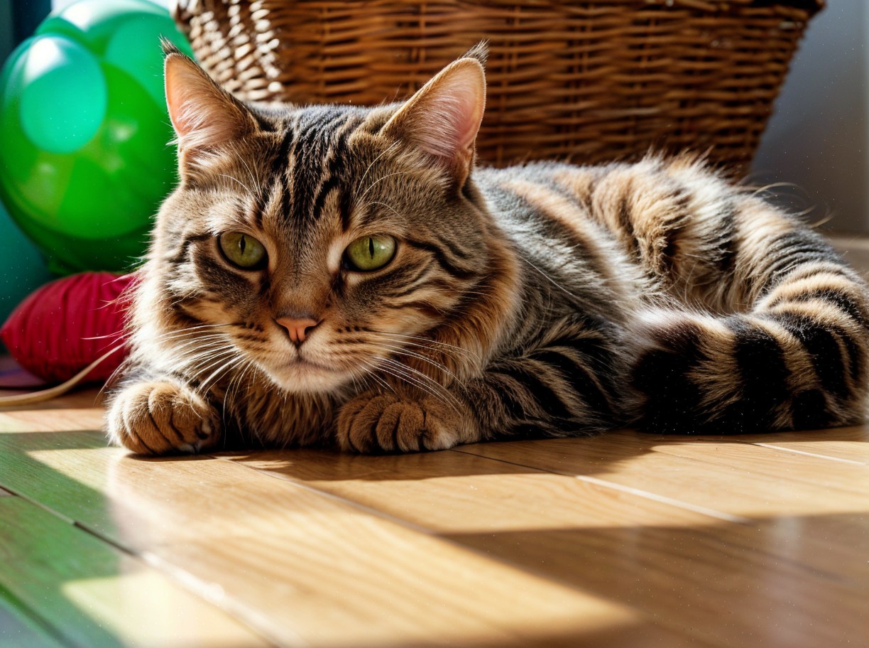 Striped Tabby Cat Relaxing on Sunlit Wooden Floor
