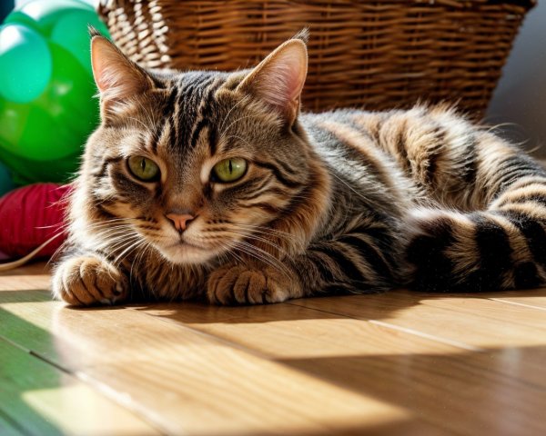 Striped Tabby Cat Relaxing on Sunlit Wooden Floor