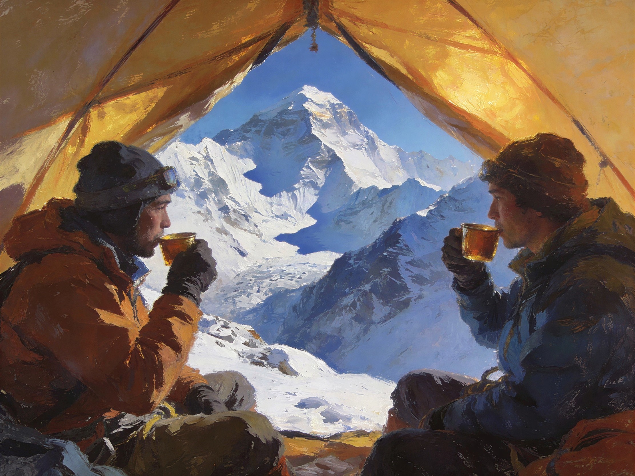 Mountaineers in Tent with Snowy Mountain View