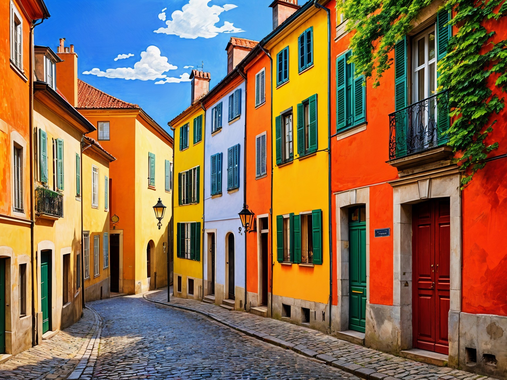 Vibrant Street Scene with Colorful Buildings and Clouds