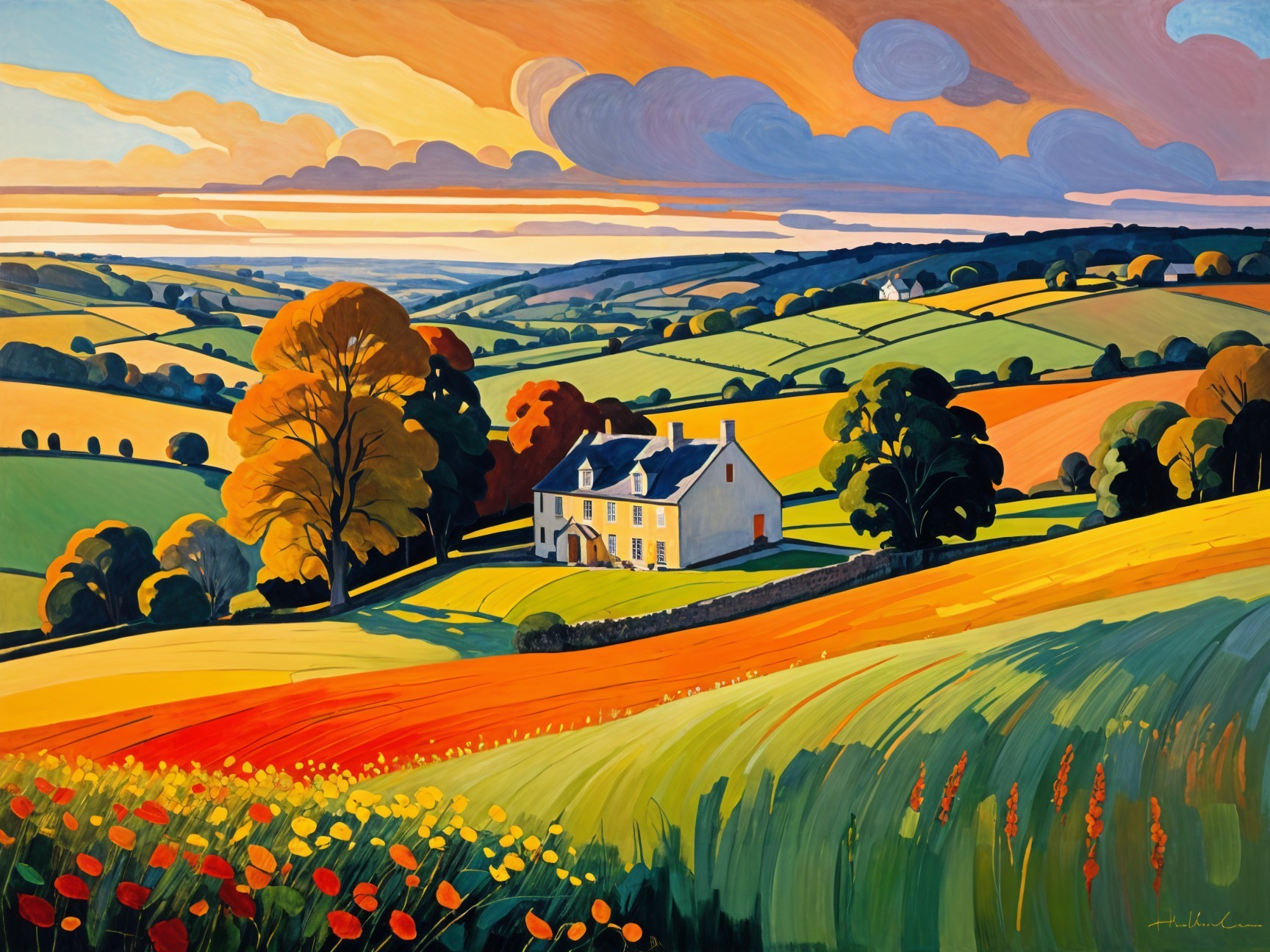 Vibrant Landscape with Rolling Hills and Colorful Fields