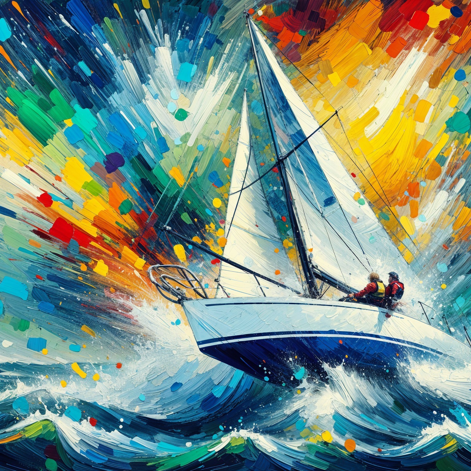 Abstract Painting of Sailboat and Dynamic Waves