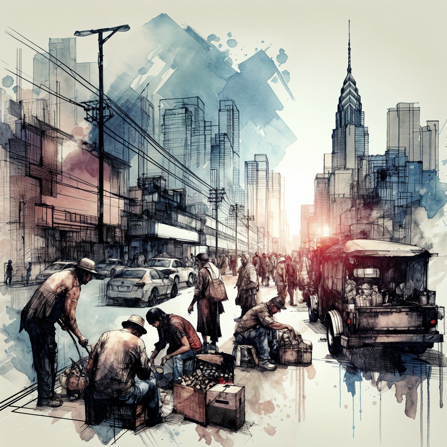 Urban Scene with Watercolor and Ink Styles