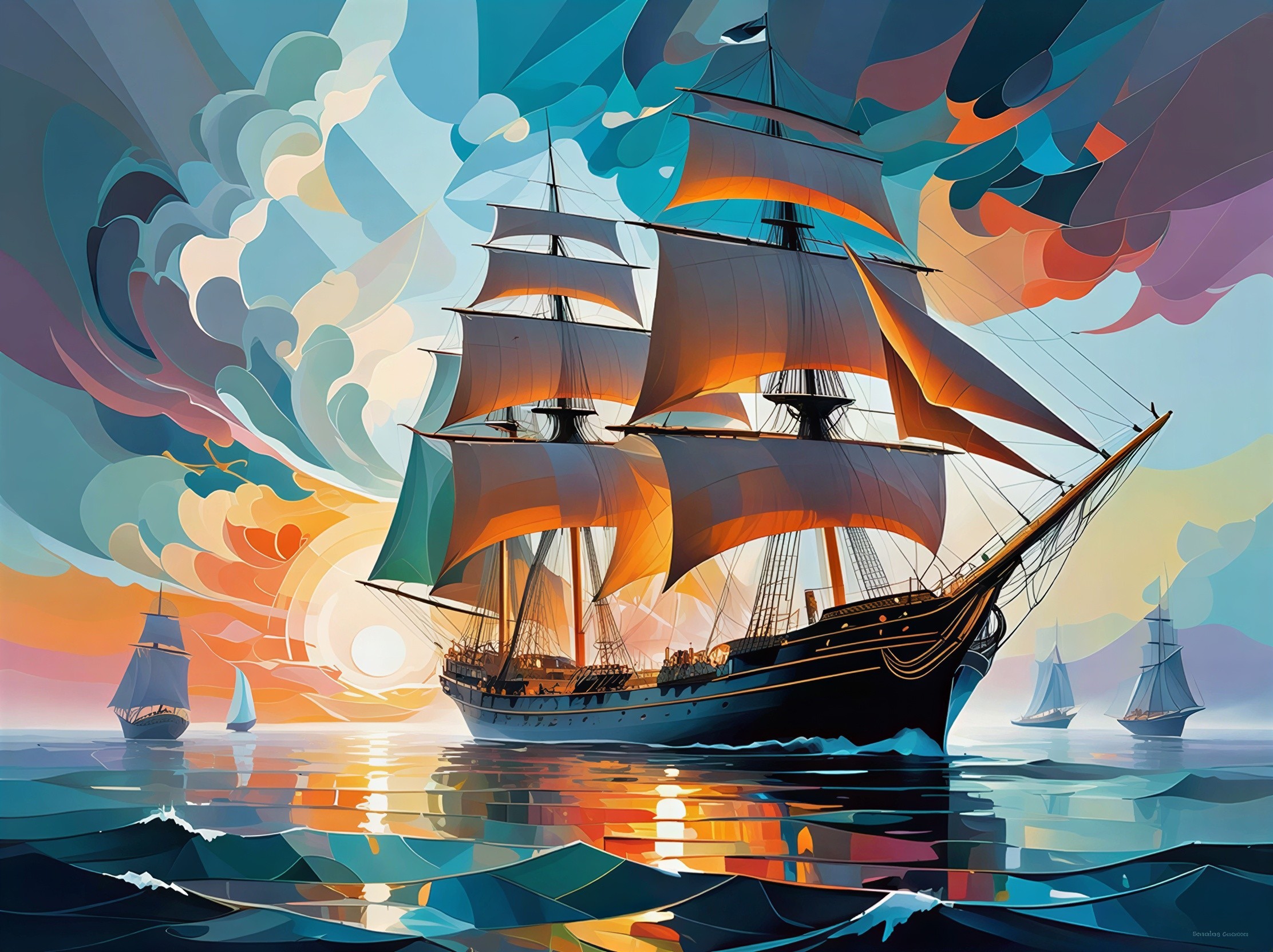 Cubist Stained Glass Illustration of a Sailing Ship