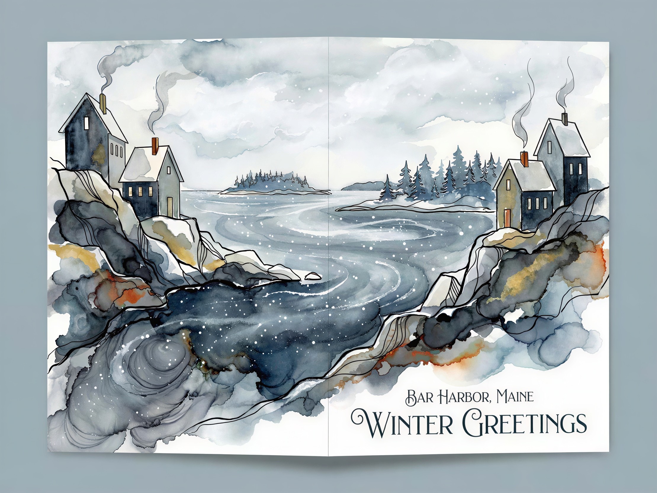 Wintry Coastal Watercolor Greeting Card Description