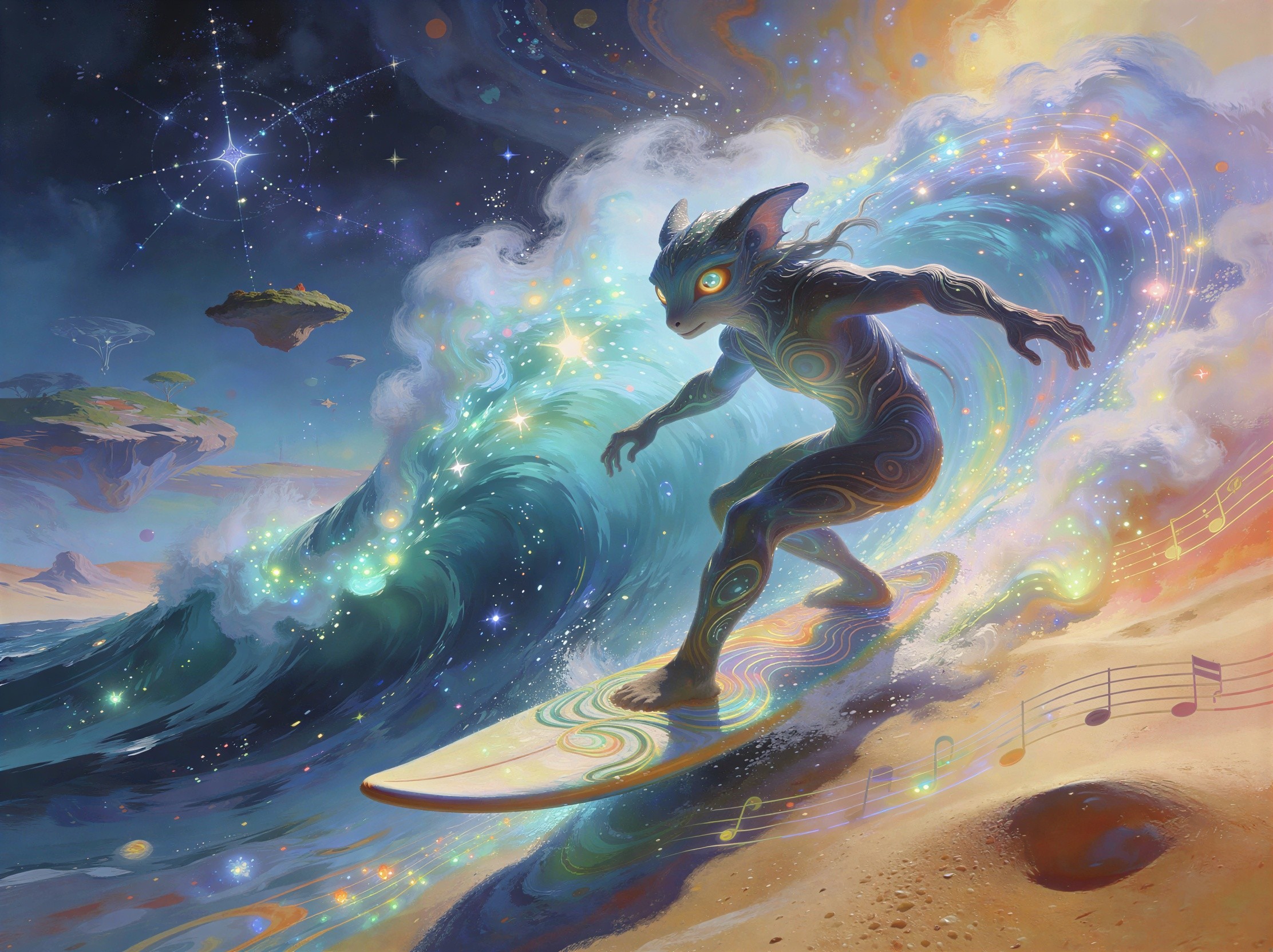 Luminous Alien Creature Surfing a Cosmic Wave