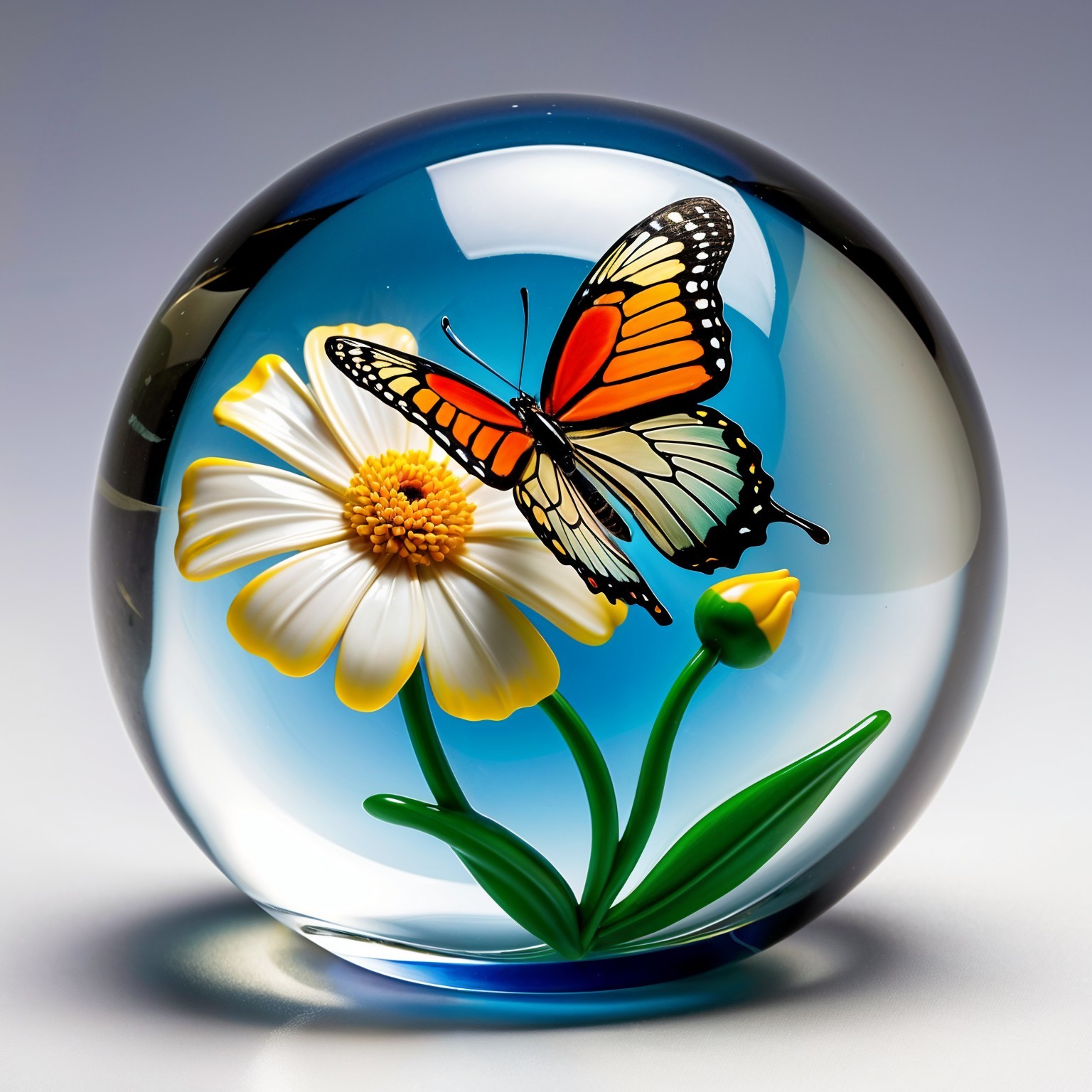Glass Orb with Monarch Butterfly and White Daisy