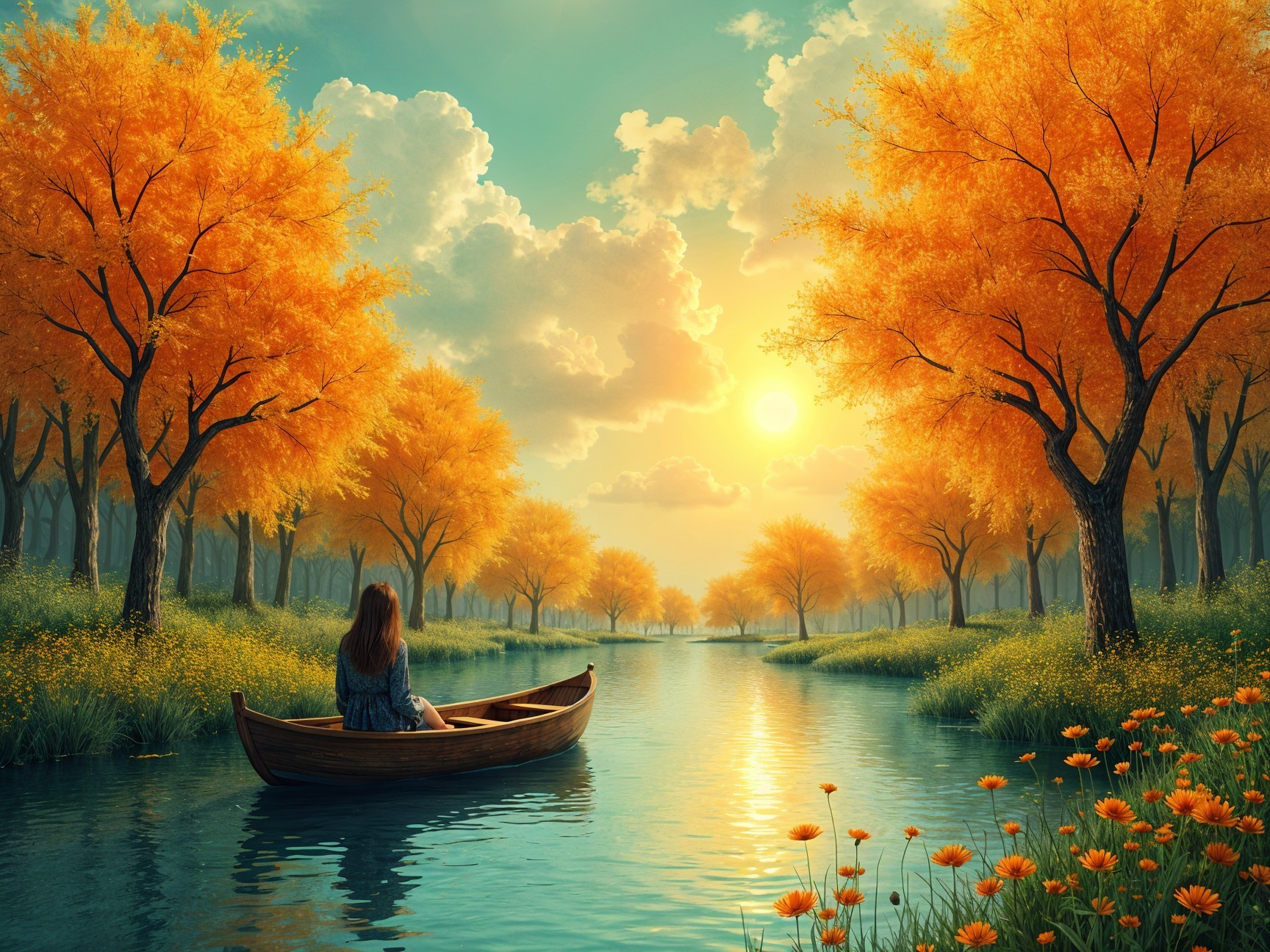 Woman in Wooden Boat on Calm River at Sunset