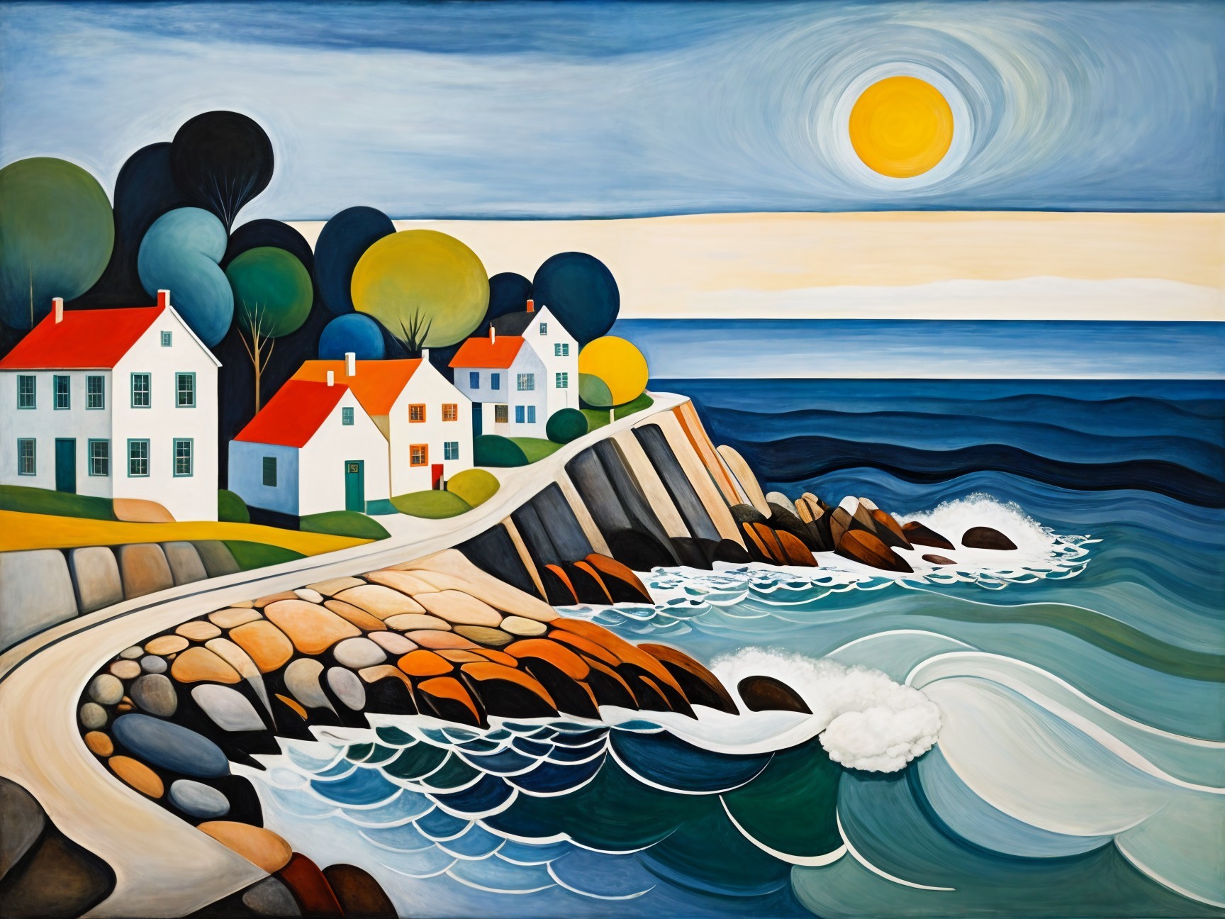 Vibrant Coastal Scene with White Houses and Cliffs