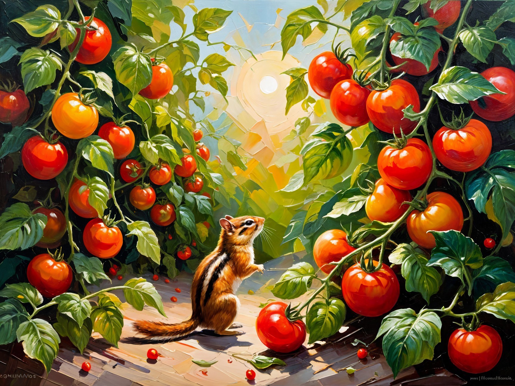 Chipmunk in a Garden Surrounded by Ripe Tomatoes
