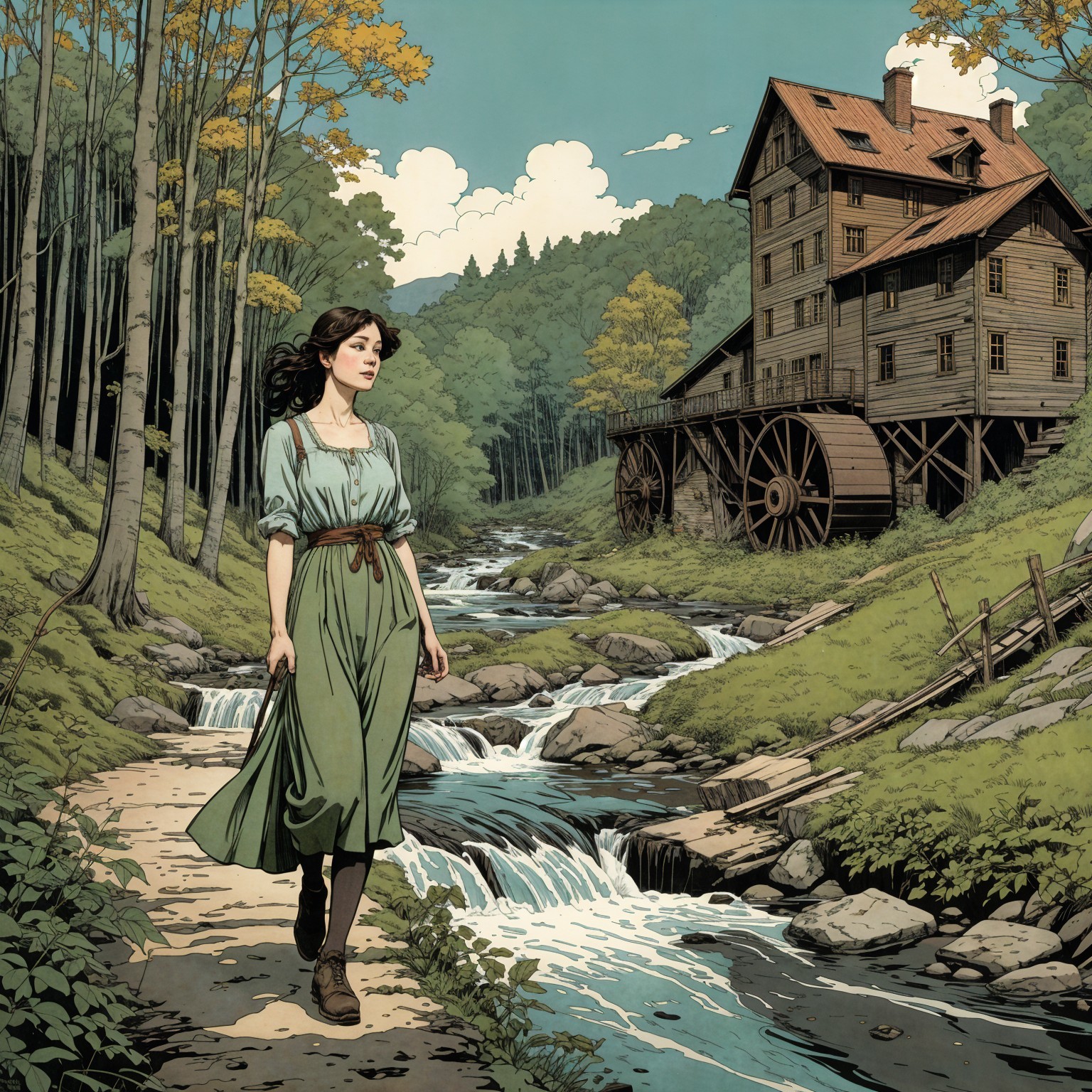 Young woman in green dress by a flowing river and mill