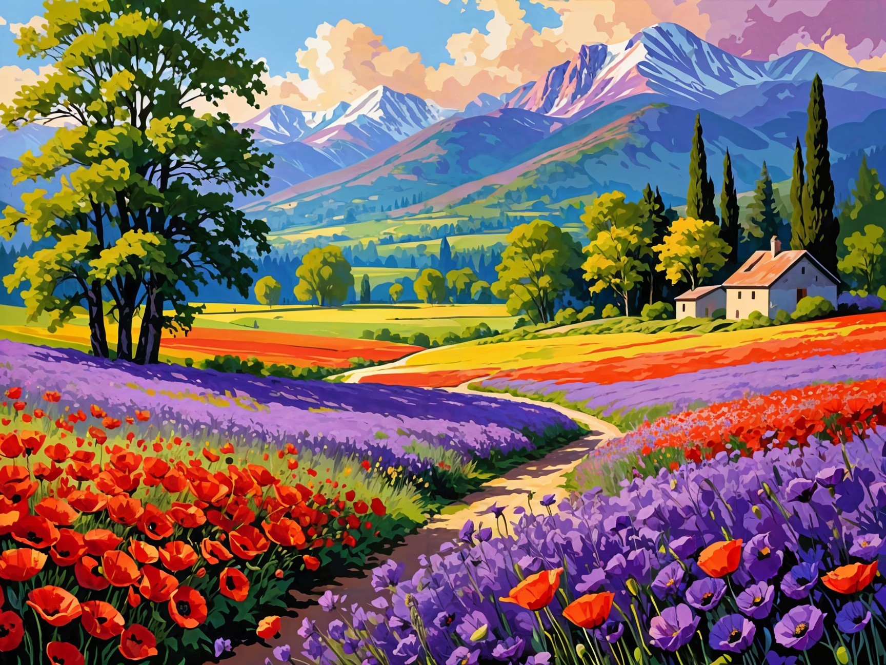 Vibrant Landscape with Poppies and Snow-Capped Mountains