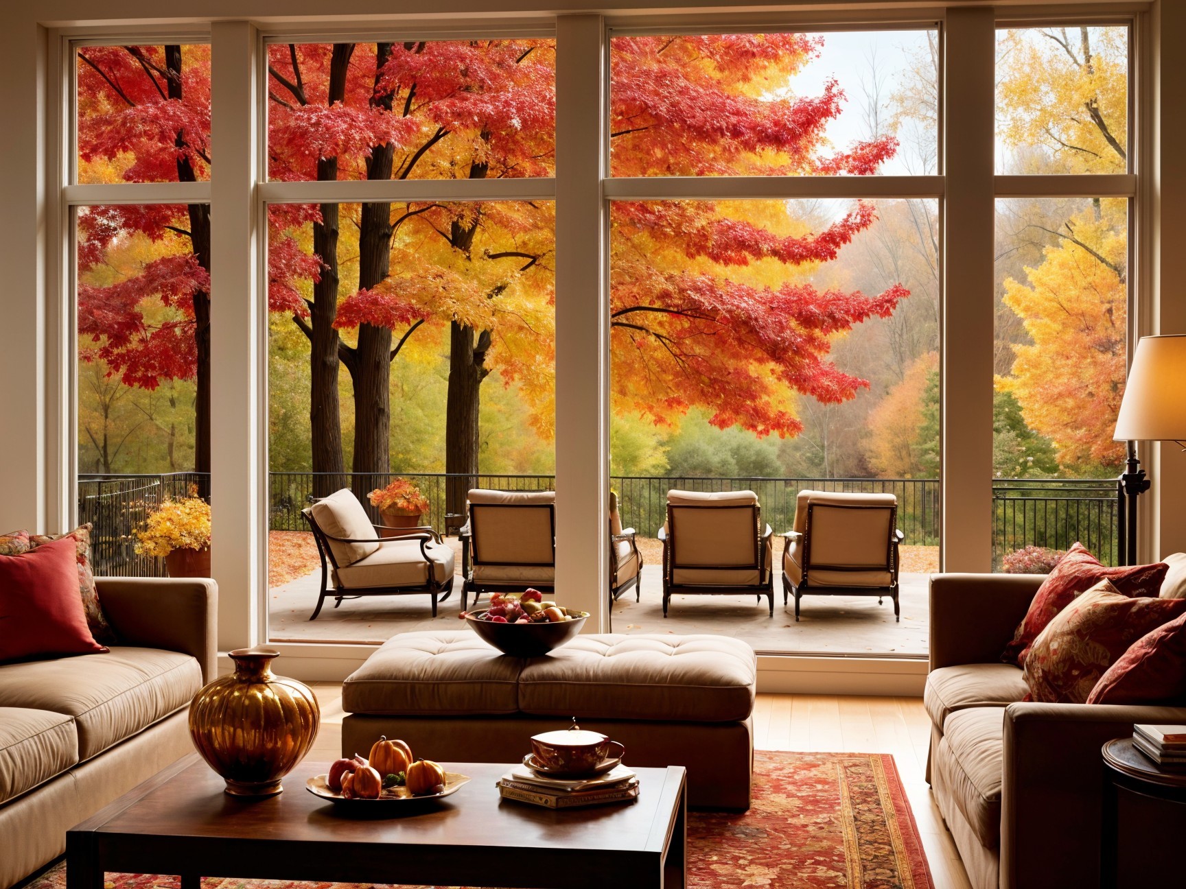 Cozy Living Room with Autumn Landscape View