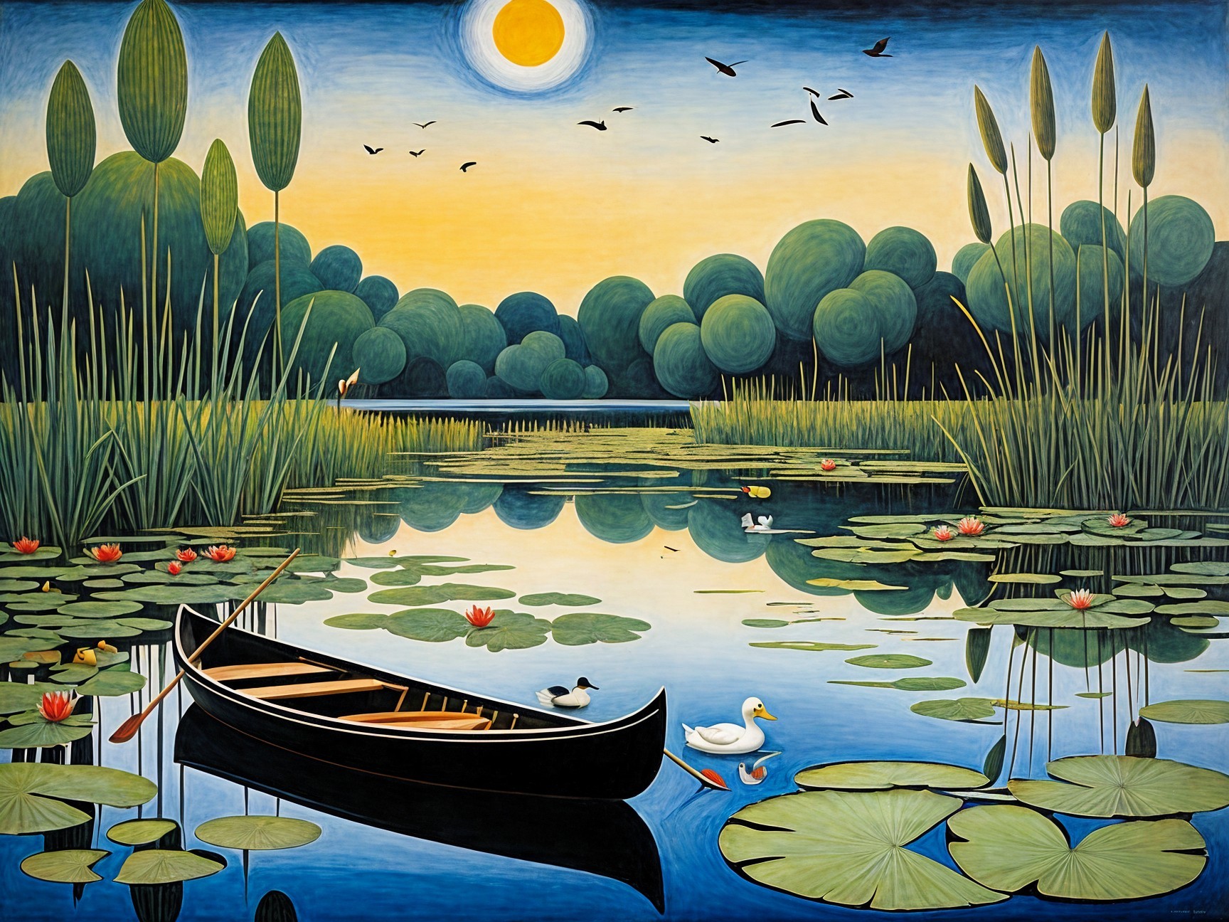 Tranquil Lake Scene with Canoe and Ducks at Sunset