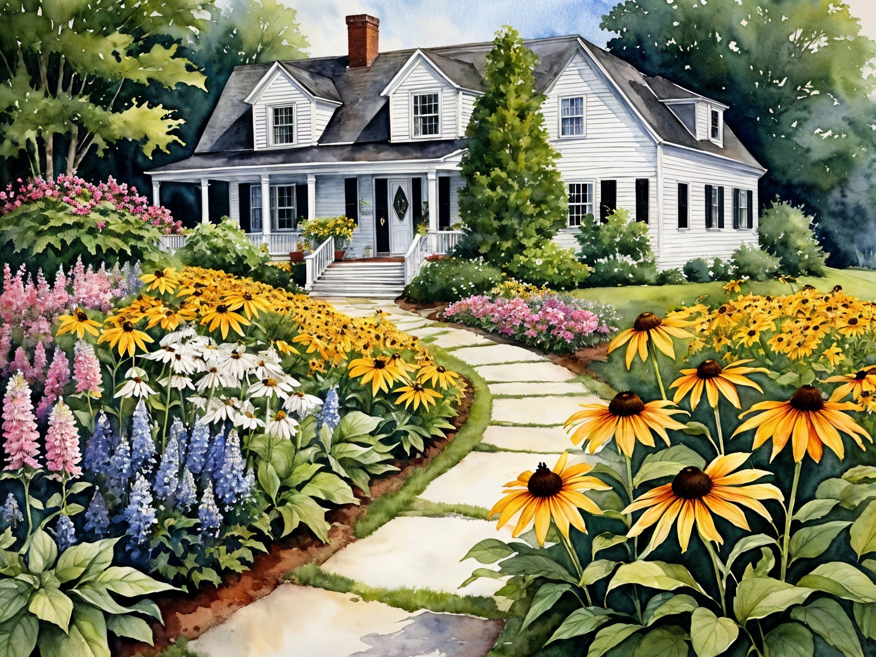 Charming White House Surrounded by Vibrant Garden