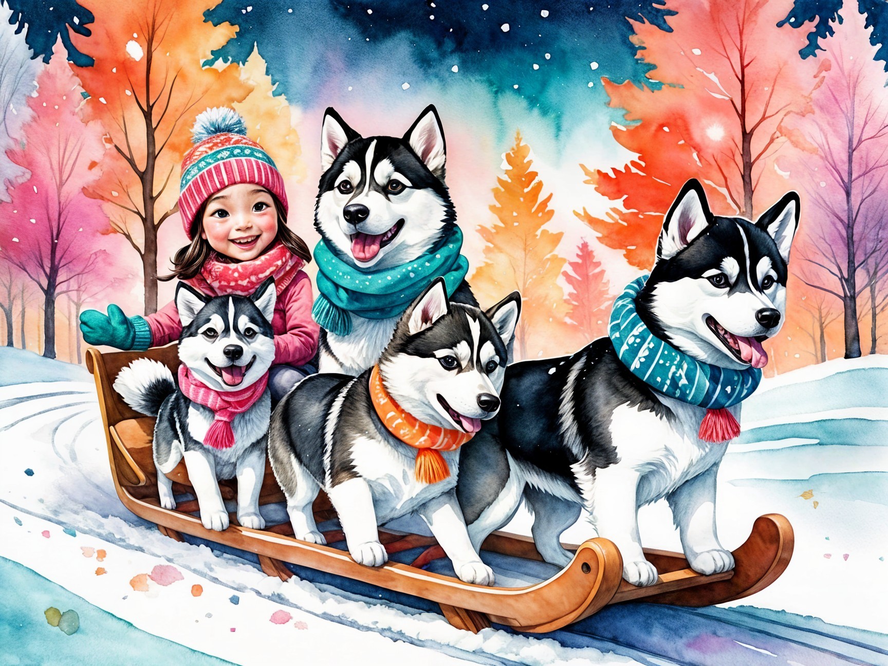 Joyful Winter Scene with Girl on Sled and Huskies