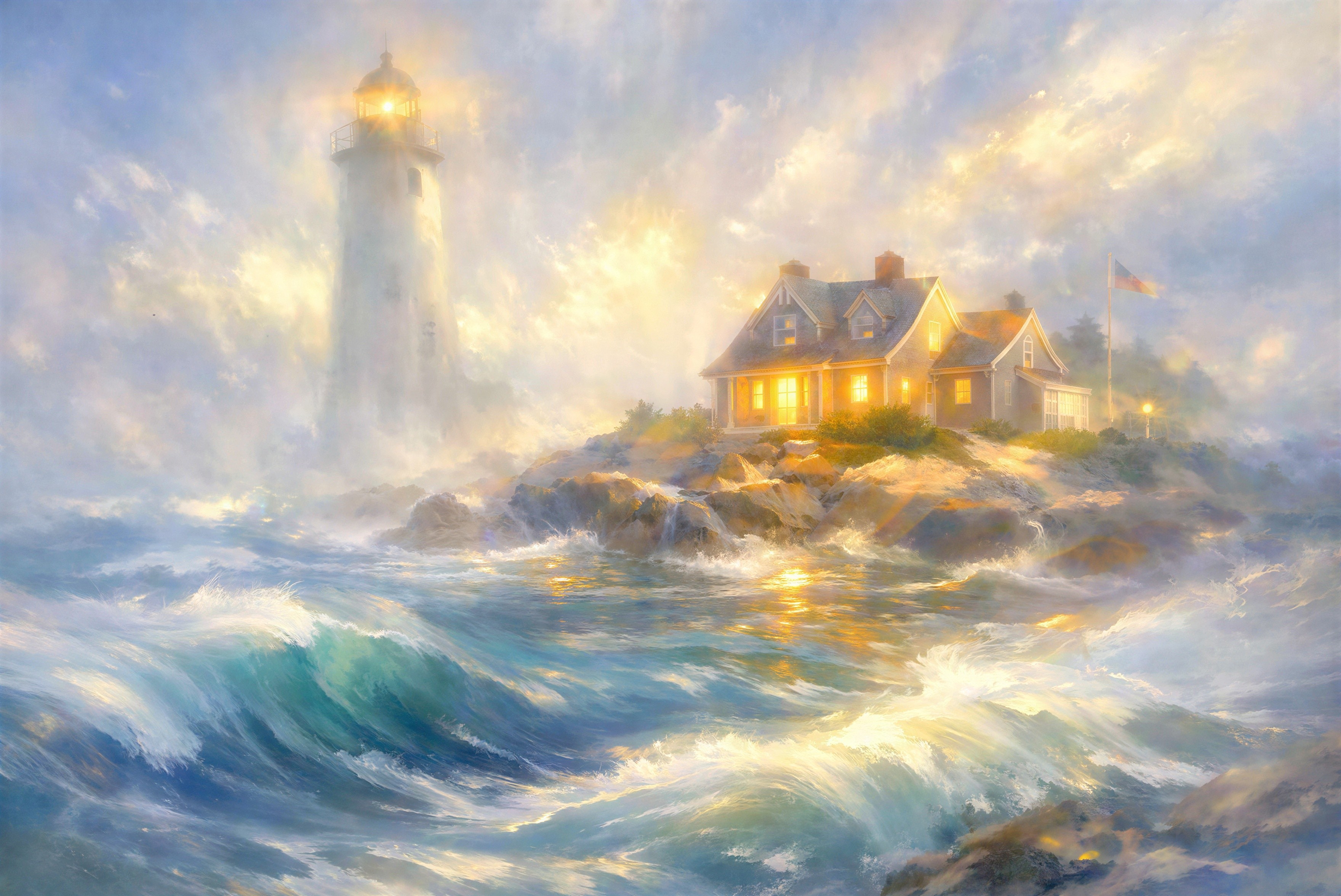 Stormy Coastal Scene with Lighthouse and Cottage