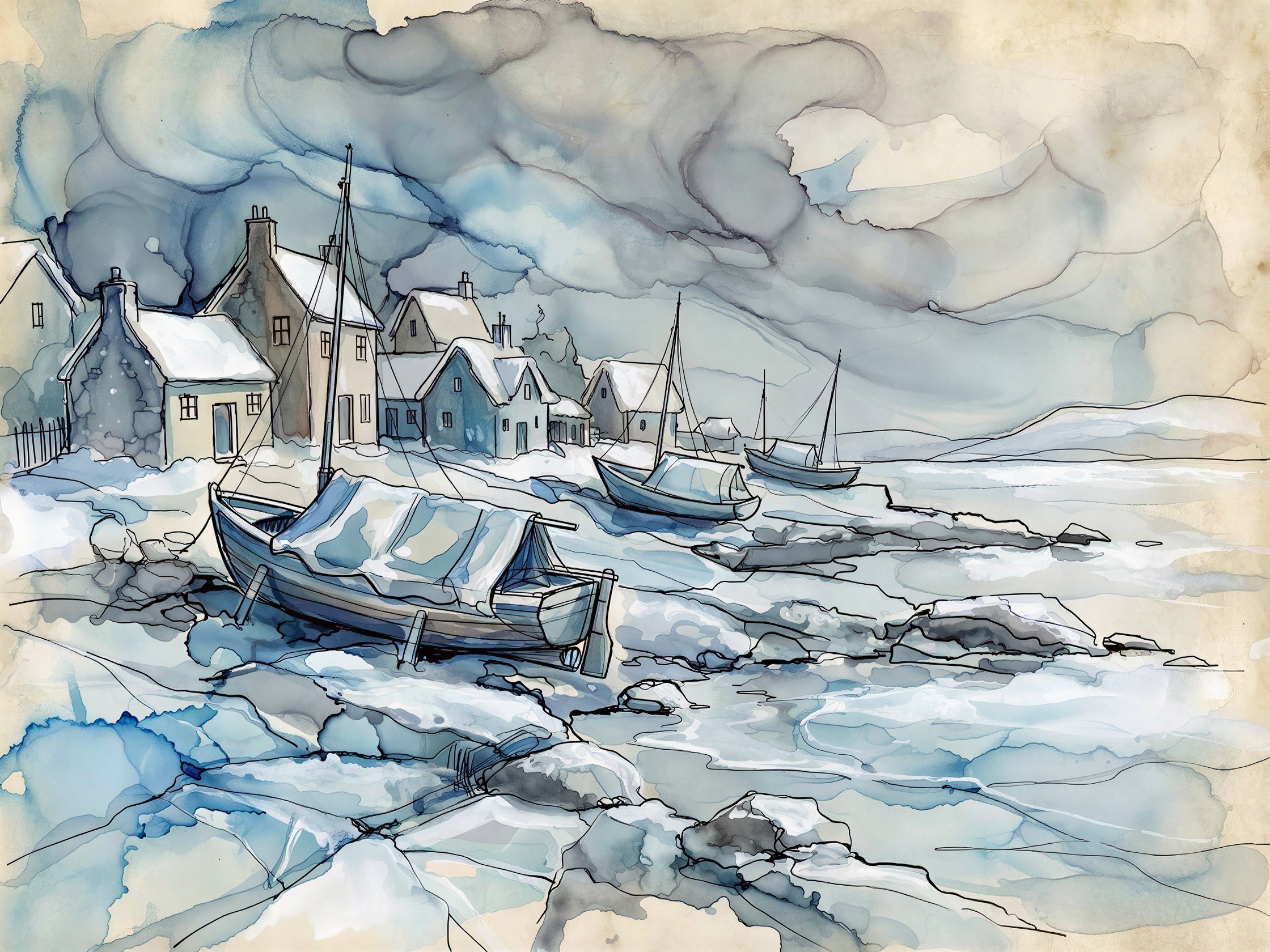Watercolor and Ink Sketch of Snowy Coastal Village
