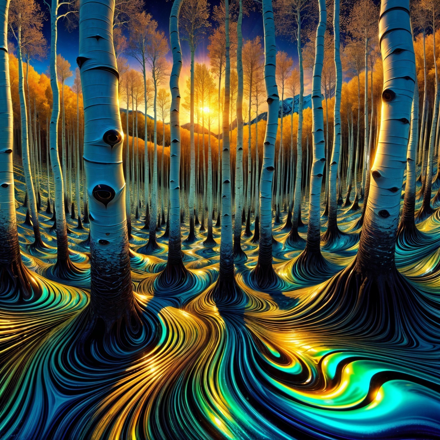 Surreal Landscape with White Bark Trees and Sunset