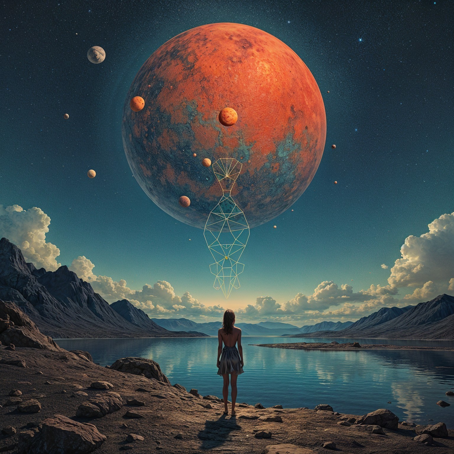 Lone Figure on Rocky Shore Under Reddish Planet