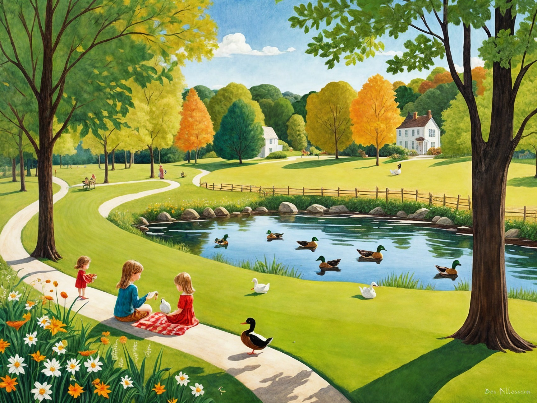 Children Feeding Ducks by a Tranquil Pond in Autumn