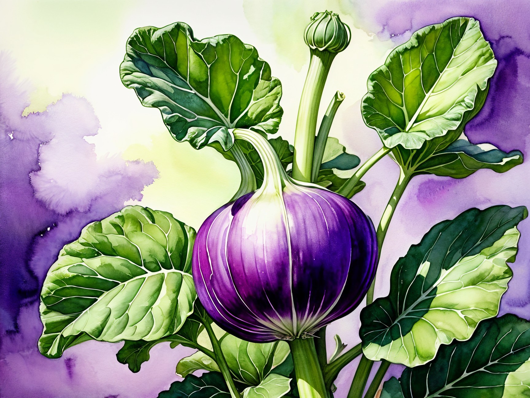Vibrant Watercolor of Purple Eggplant Among Green Leaves