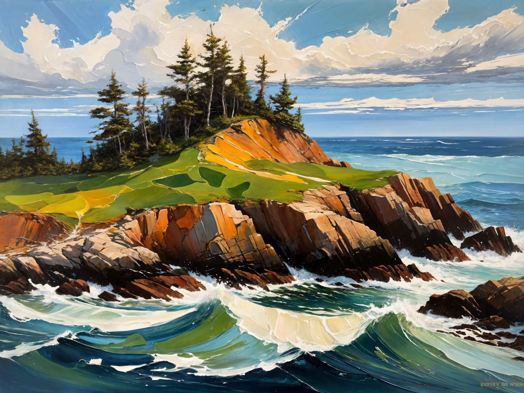 Vibrant Coastal Landscape with Rugged Cliff and Waves