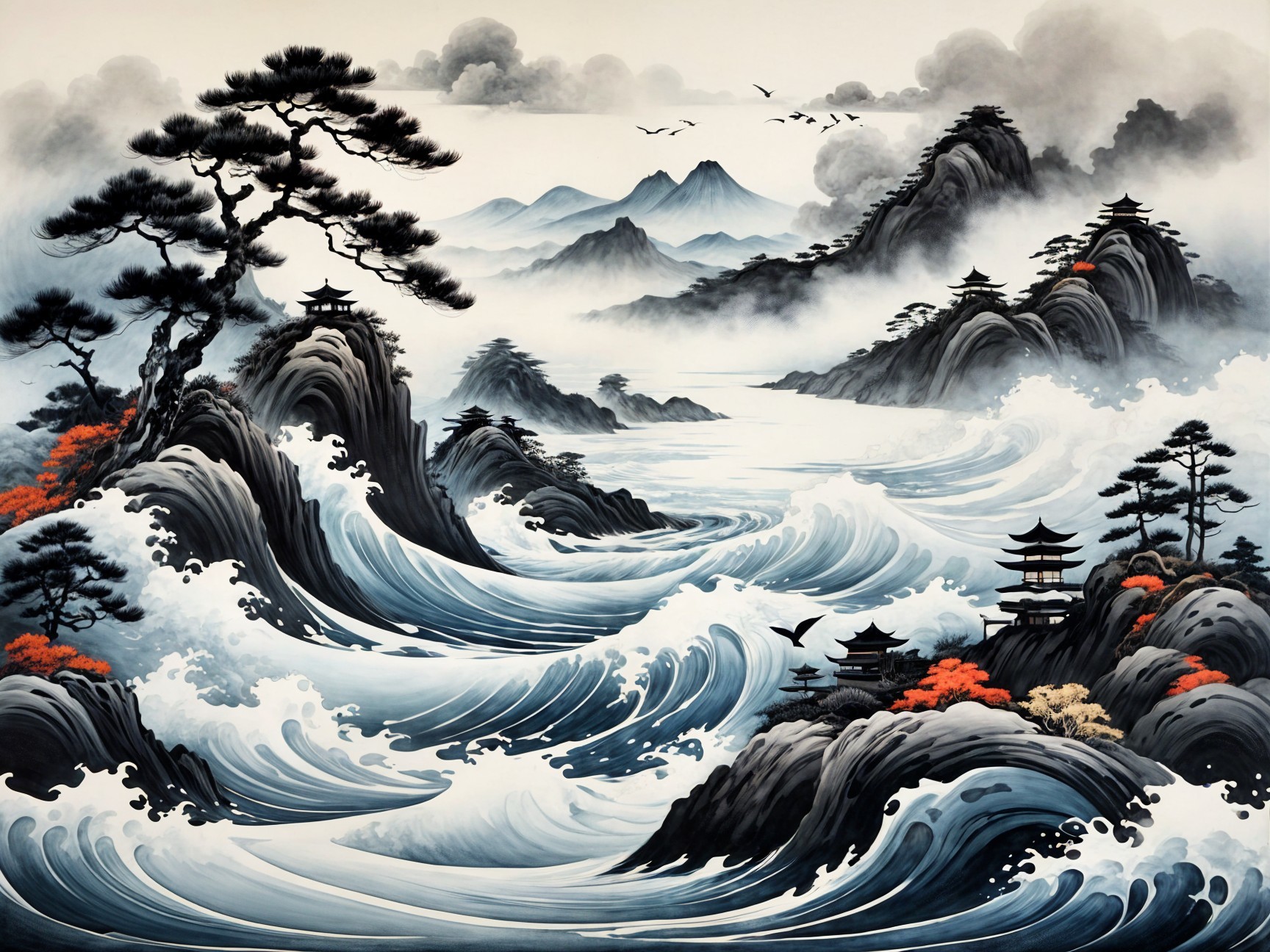 Serene Landscape with Mountains and Coastal Pagodas