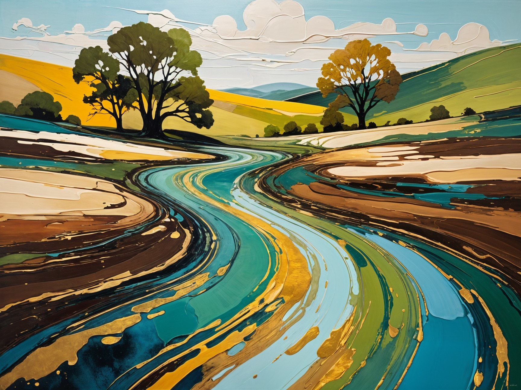 Vibrant Landscape with River and Rolling Hills