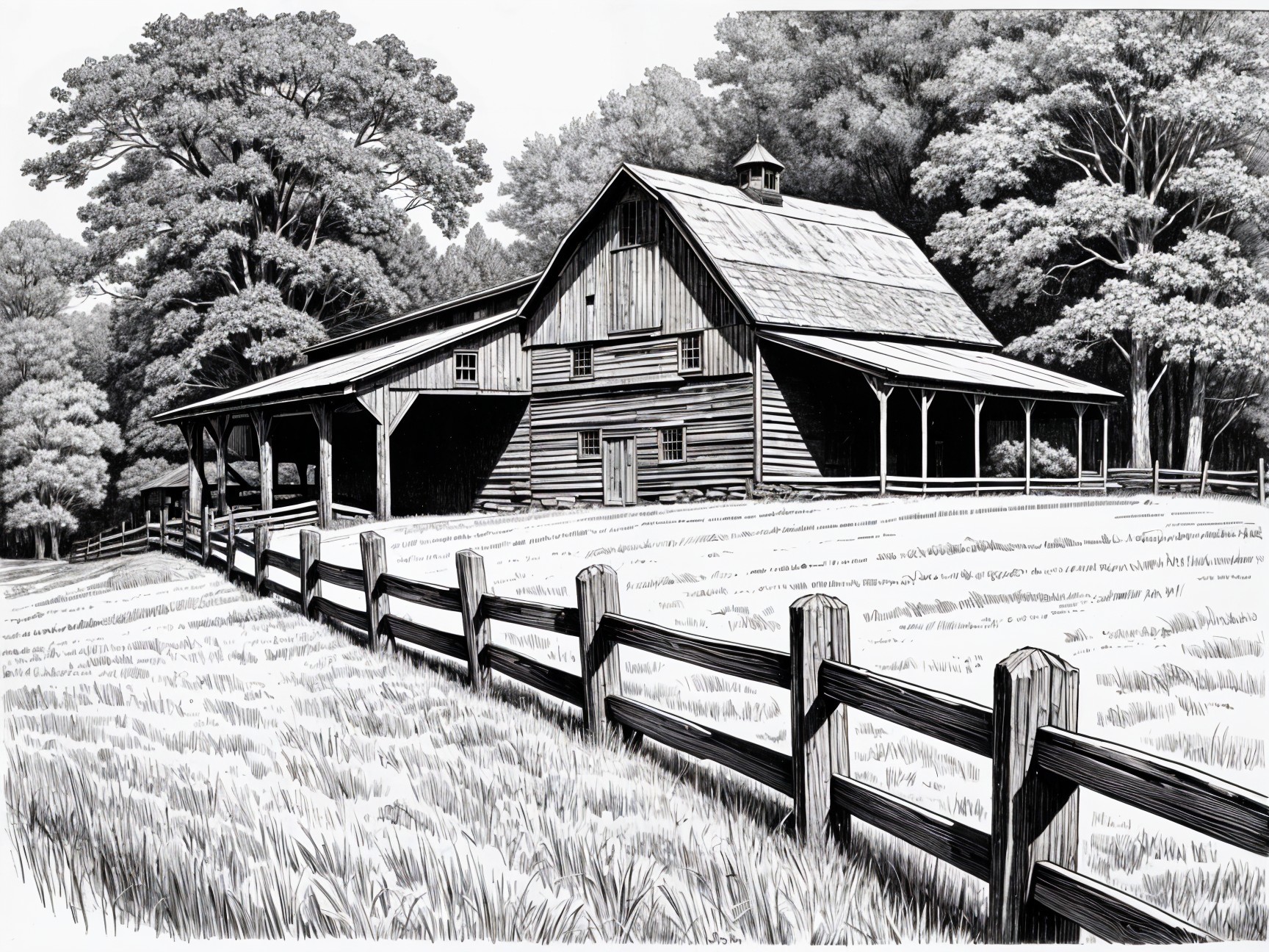 Black-and-white illustration of a rustic barn scene