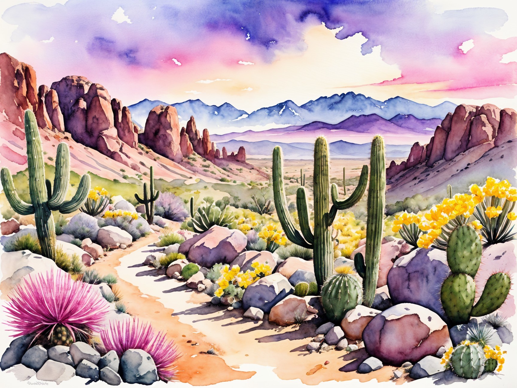 Vibrant Desert Landscape with Cacti and Sunset Sky