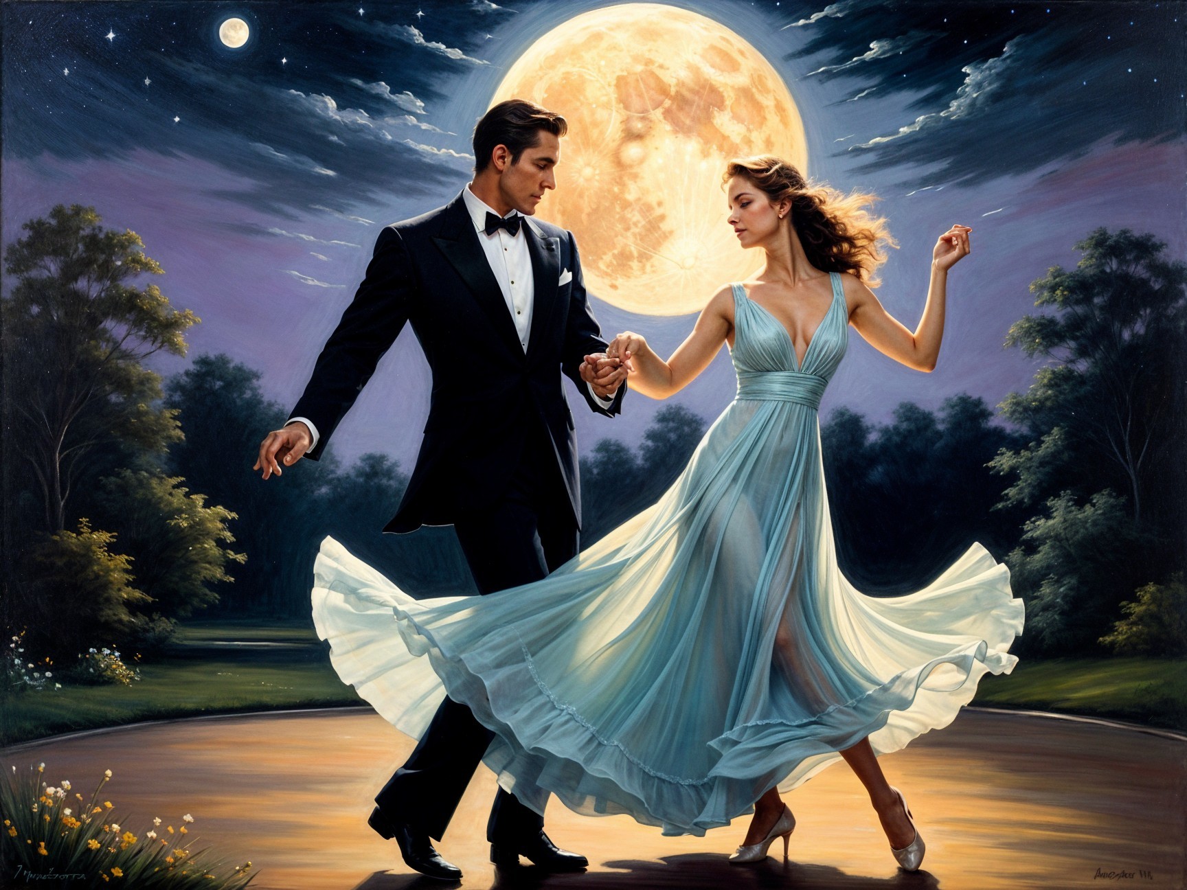 Couple Dancing Under Full Moon in Serene Landscape