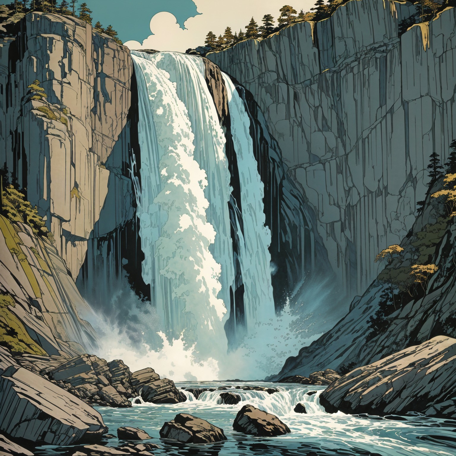 Majestic Waterfall Amidst Rugged Cliffs and Greenery