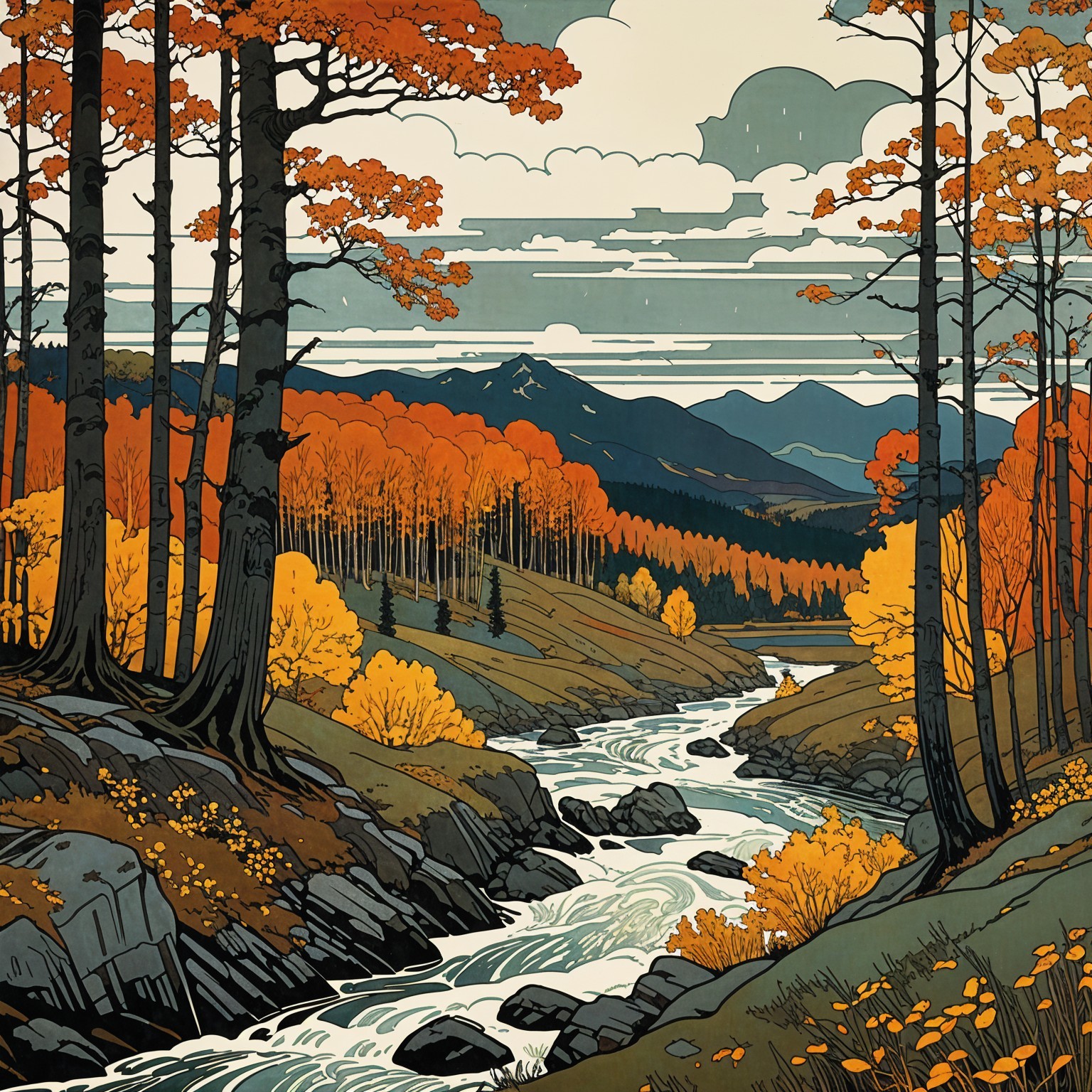 Vibrant Autumn Landscape with Winding River and Trees