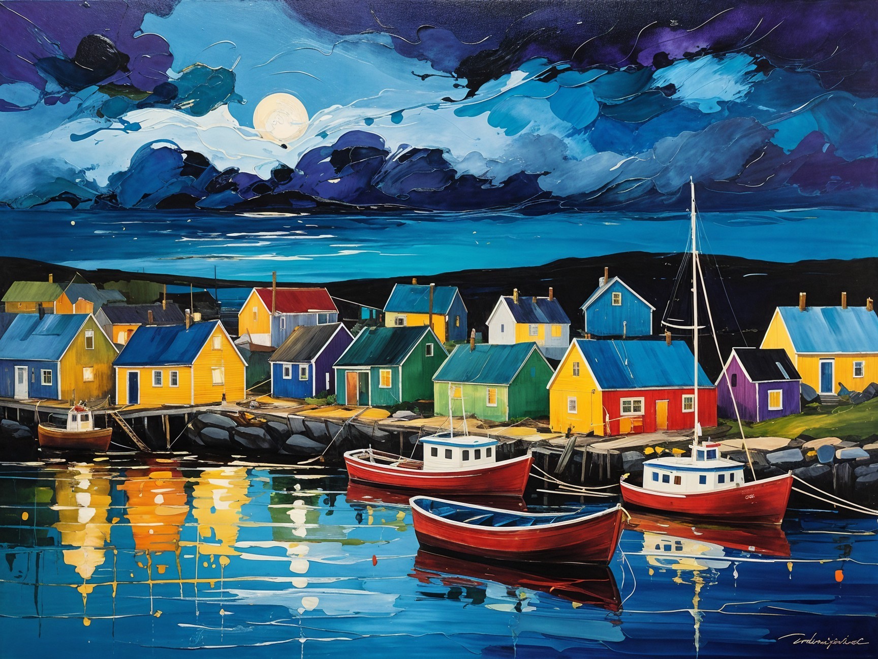 Vibrant Coastal Scene Under Moonlit Sky