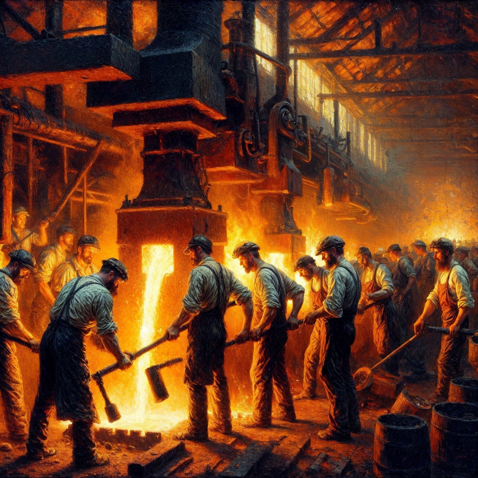 Industrial Forge with Skilled Metalworkers and Flames