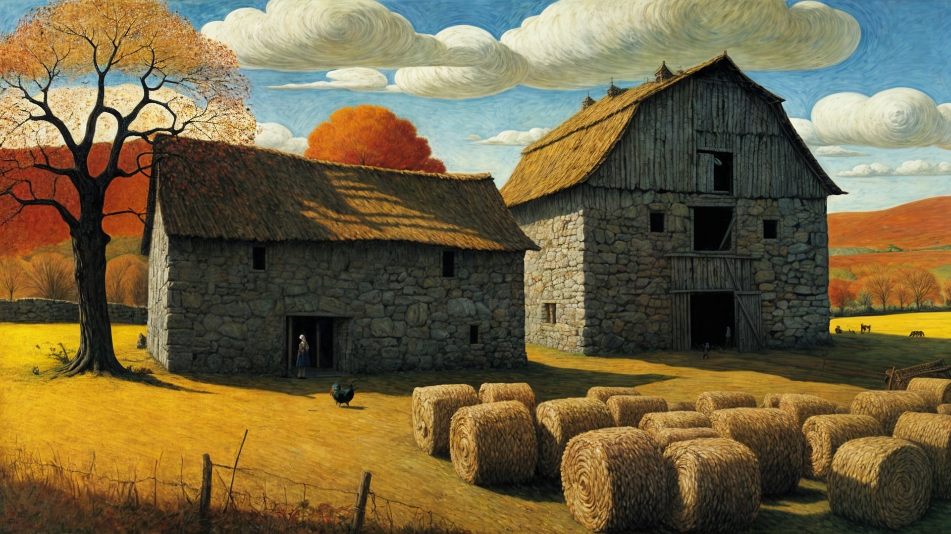 Serene Rural Landscape with Barns and Autumn Colors