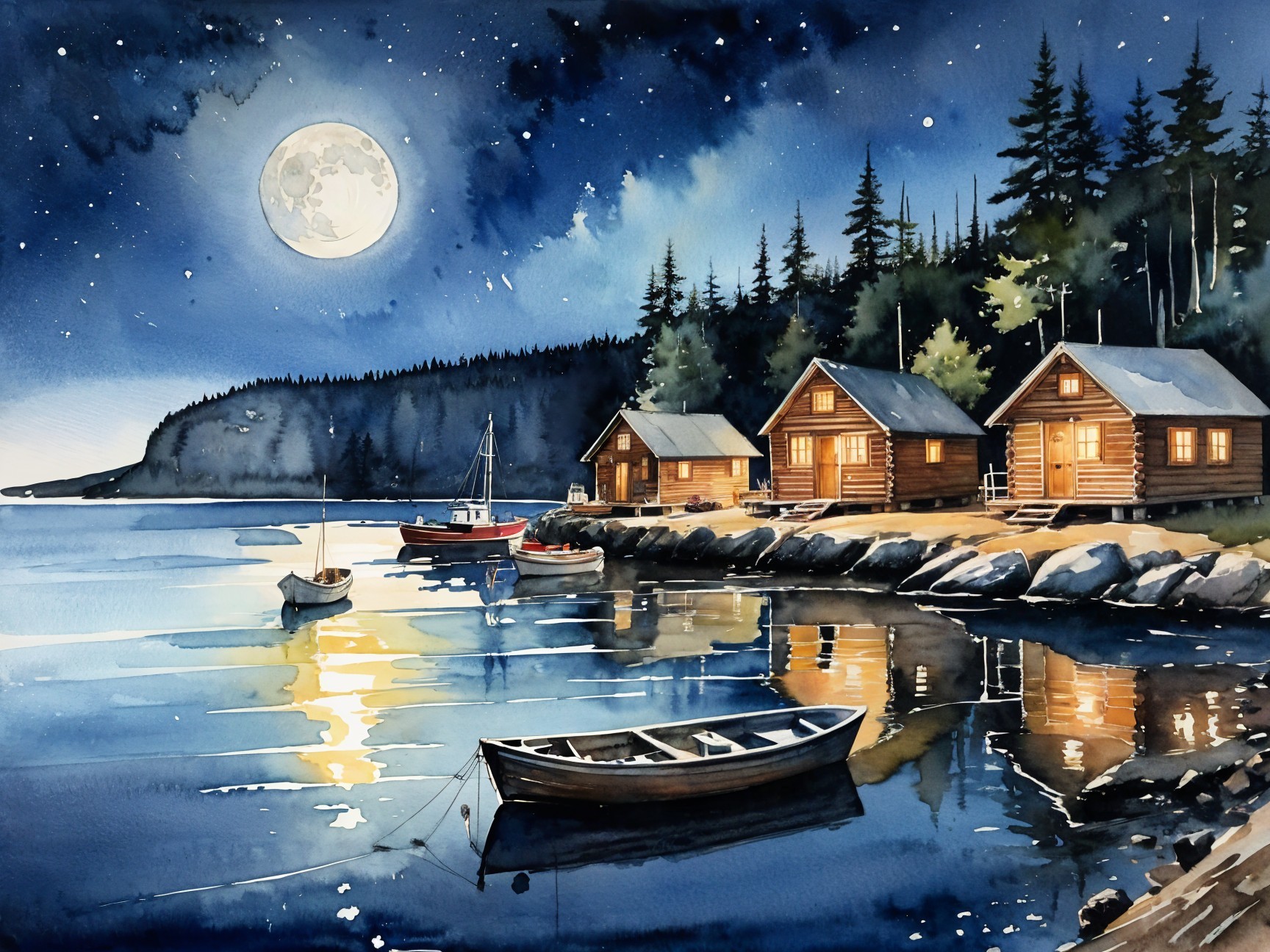 Lakeside Scene with Moonlight and Rustic Cabins