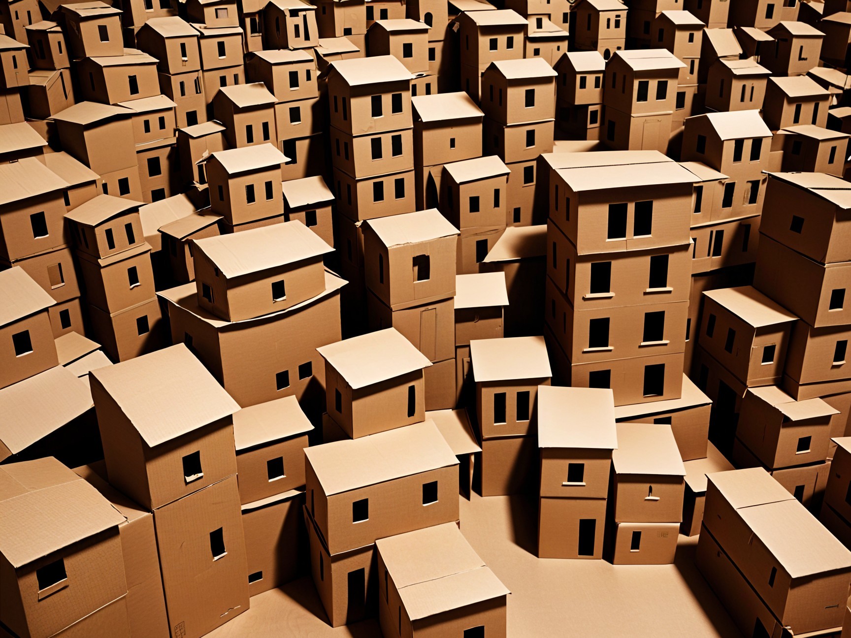 Miniature Cityscape of Cardboard Houses Displayed