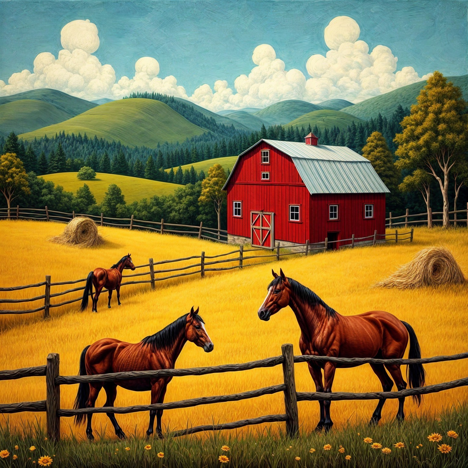 Vibrant Countryside with Barn and Grazing Horses