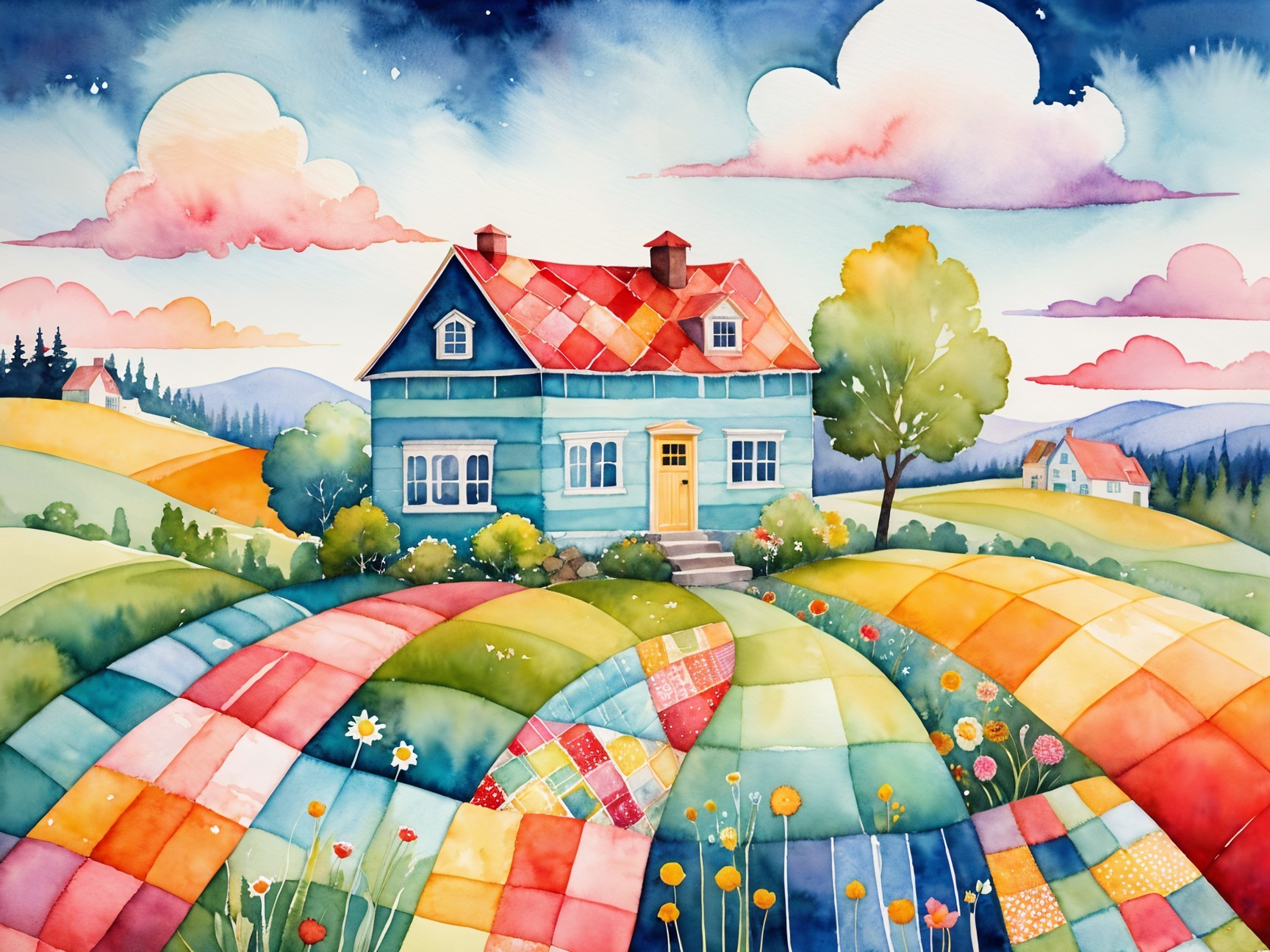 Teal House in Serene Countryside Landscape