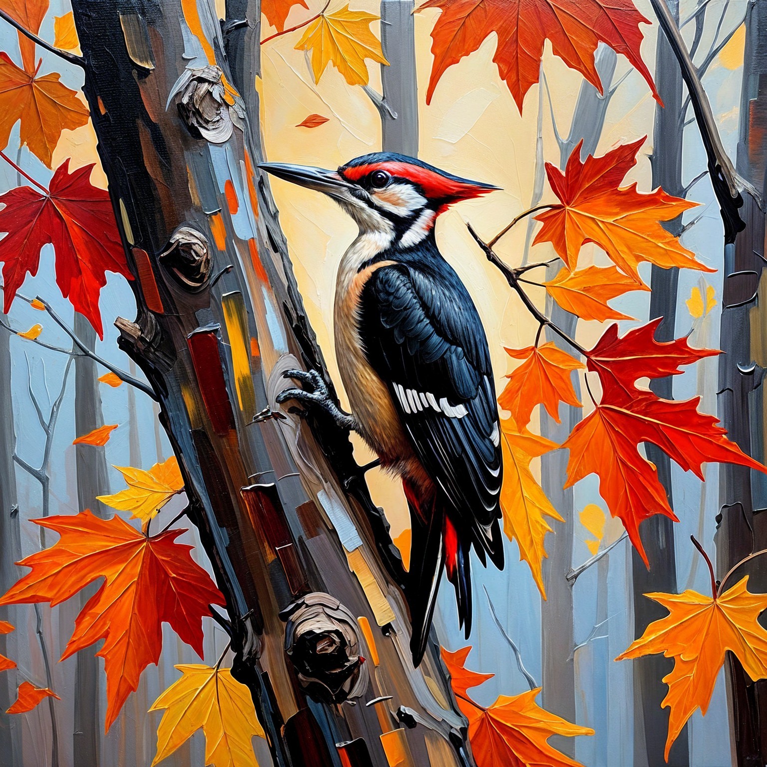 Colorful Woodpecker on Tree Trunk in Autumn Foliage