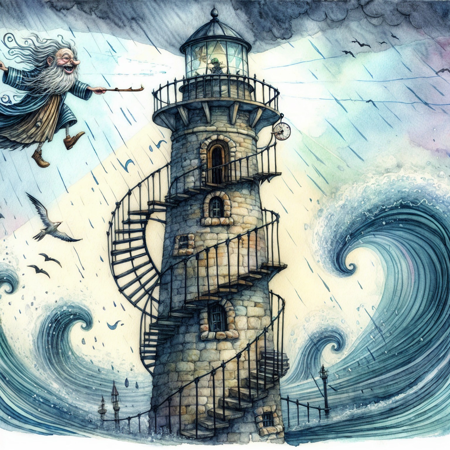 Whimsical lighthouse with spiral staircase under stormy sky