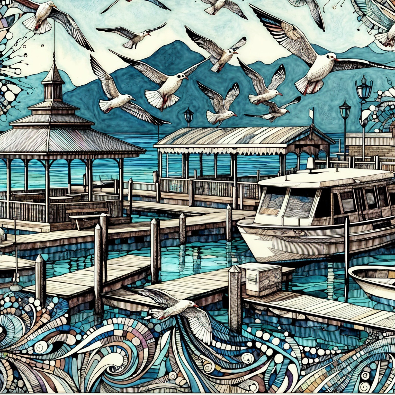 Serene Lakeside Scene with Dock and Mountains