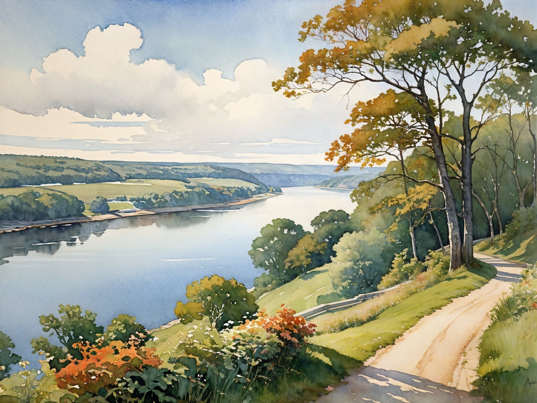 Serene Watercolor Landscape of River and Pathway