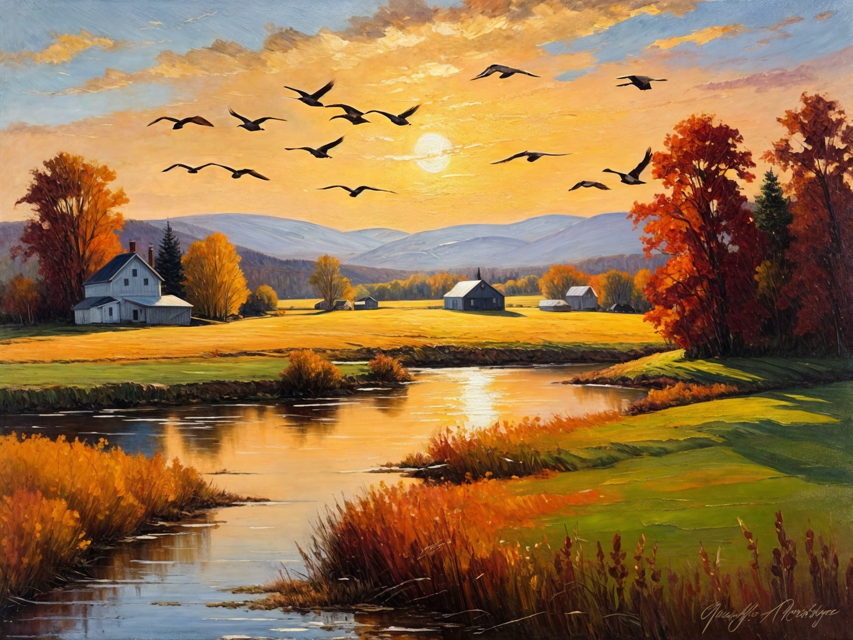 Serene Sunset Landscape with Birds and Autumn Fields