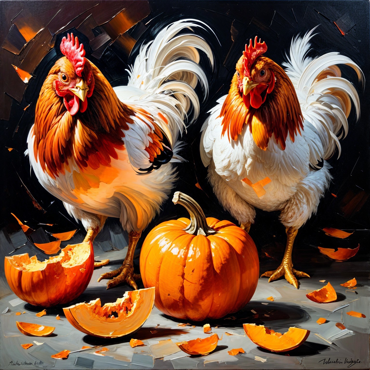 Chickens and Pumpkin in a Colorful Scene