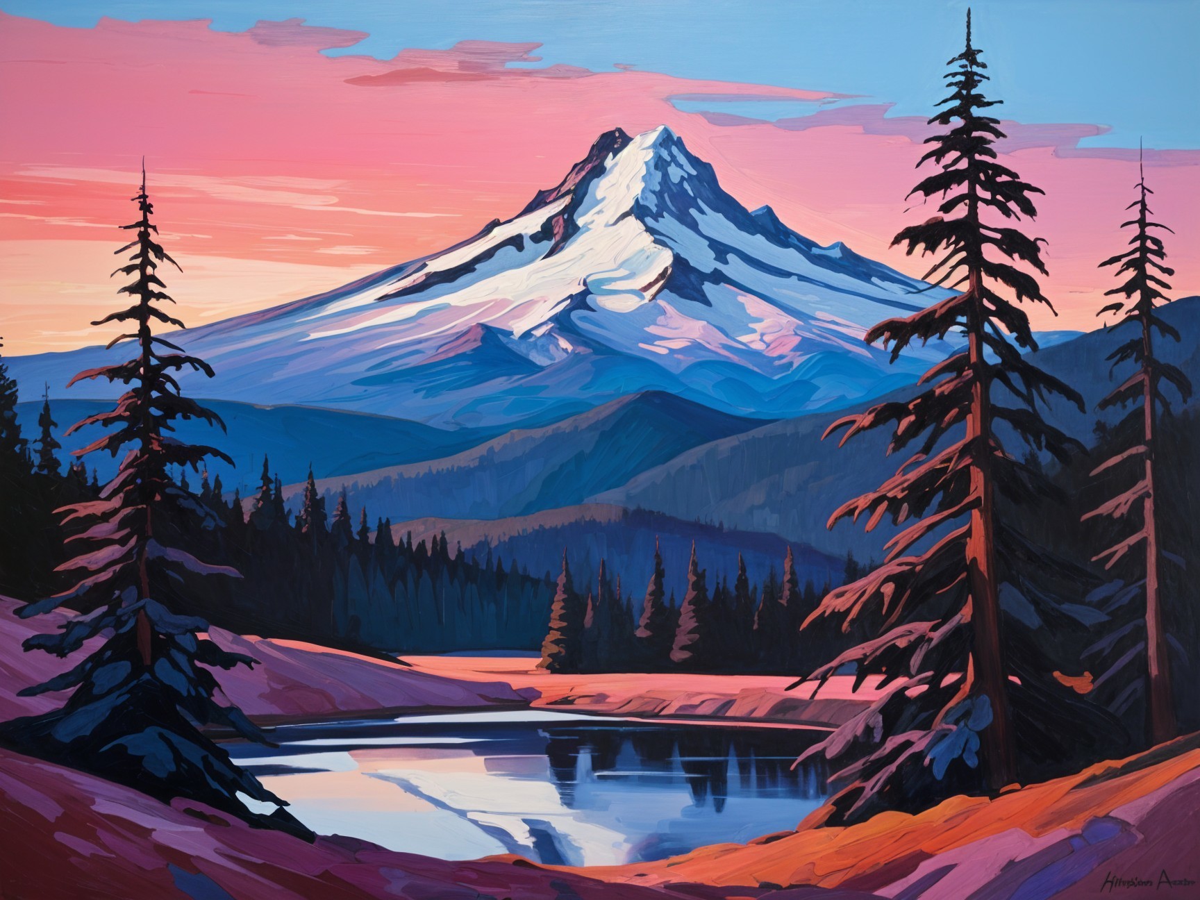 Vibrant Landscape with Snow-Capped Mountain and Lake